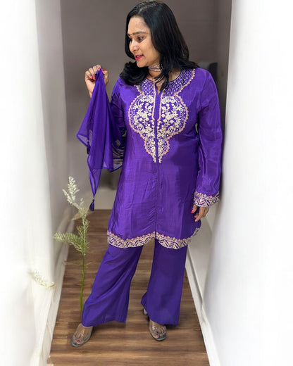 Purple Mouni Crepe Silk Short suit set - set of 3