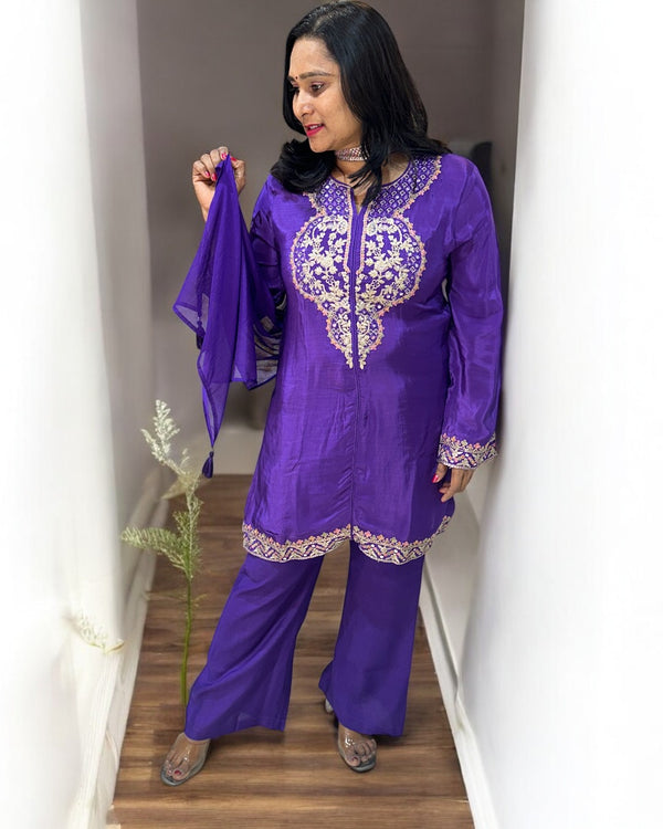 Purple Mouni Crepe Silk Short suit set - set of 3