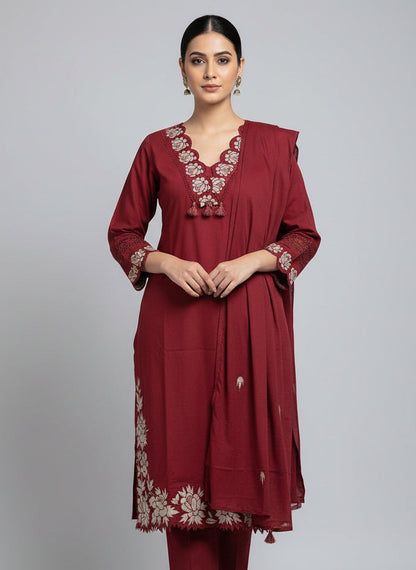 Rust Red Chanda Cotton suit set - Set of 3