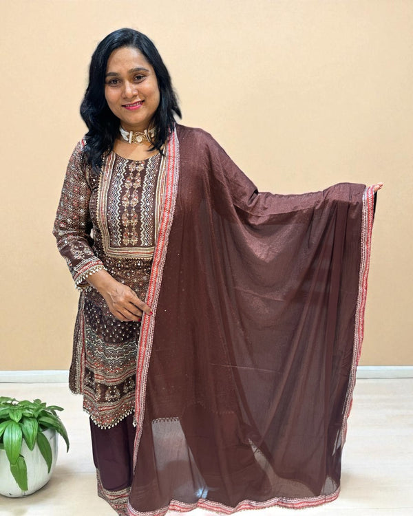 Brown Miral Crepe Short Anarkali -Set of 3