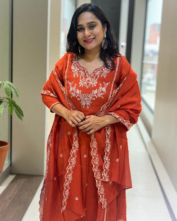 Rust Orange Misri Mul chandri Anarkali - set of 3