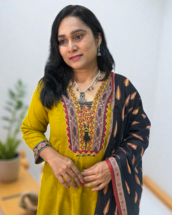 Mustard Green Aza Cotton Anarkali - Set of 3