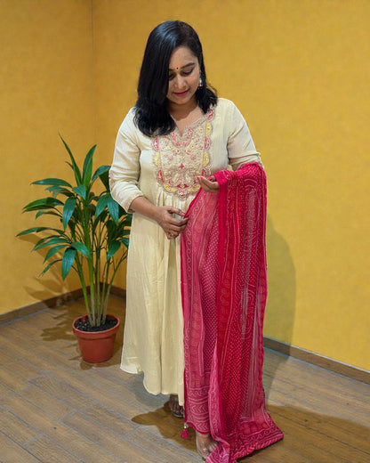 Beige Crushed Tissue Anarkali suit - Set of 3