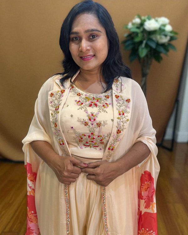 Peach Ishani Chinon silk Indowestern set