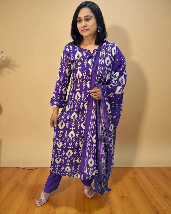 Purple Nirupa Ikkat Silk cotton Suit set
