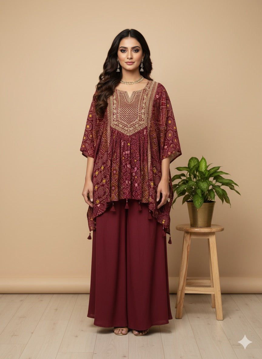 Wine Misha crepe silk Kaftan Set - Set of 2