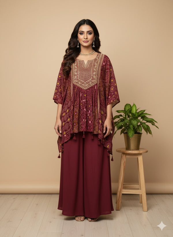 Wine Misha crepe silk Kaftan Set - Set of 2