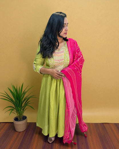 Green Crushed Tissue Anarkali suit - Set of 3