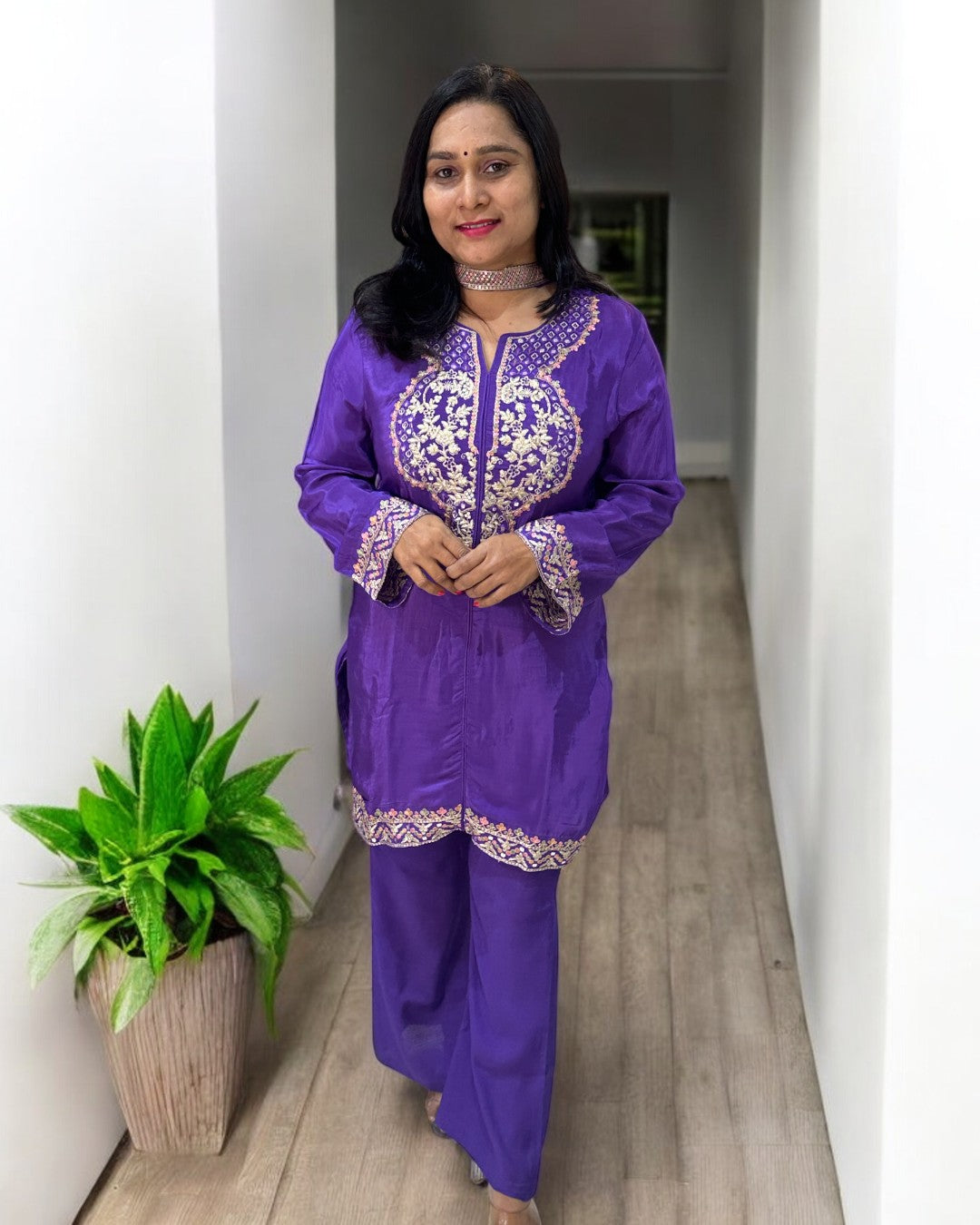 Purple Mouni Crepe Silk Short suit set - set of 3