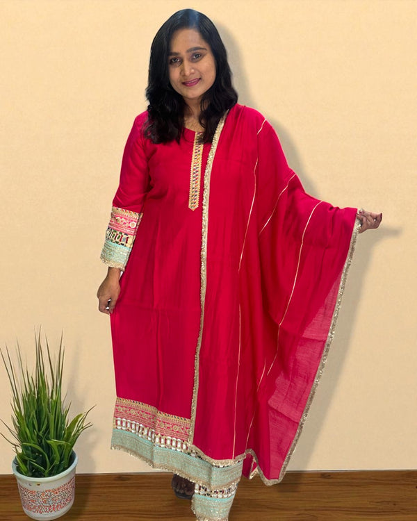 Pink Meena Muslin mirror work Suit set