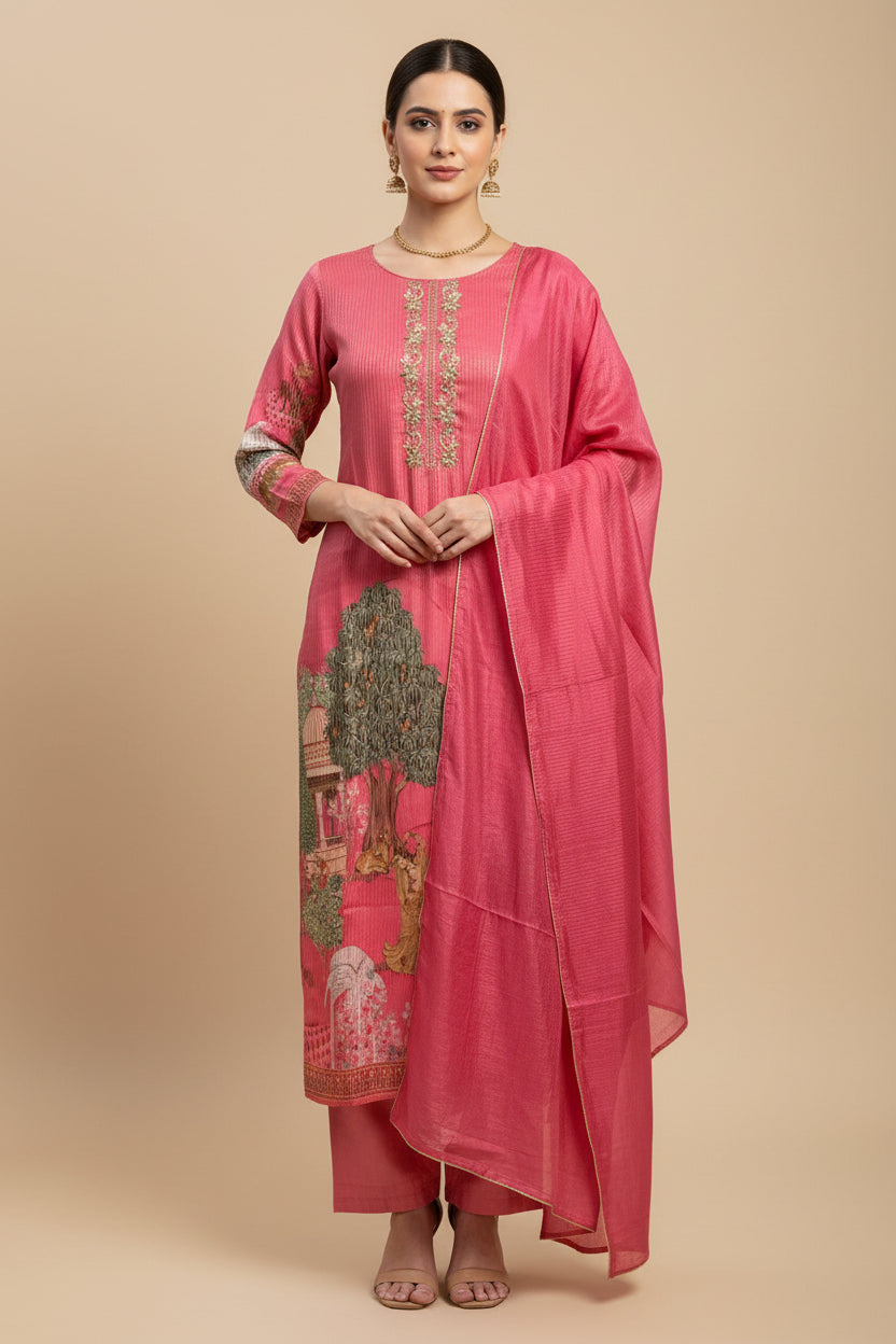 Hot pink Sherin Zari Tissue Pichwai print Suit set - Set of 3