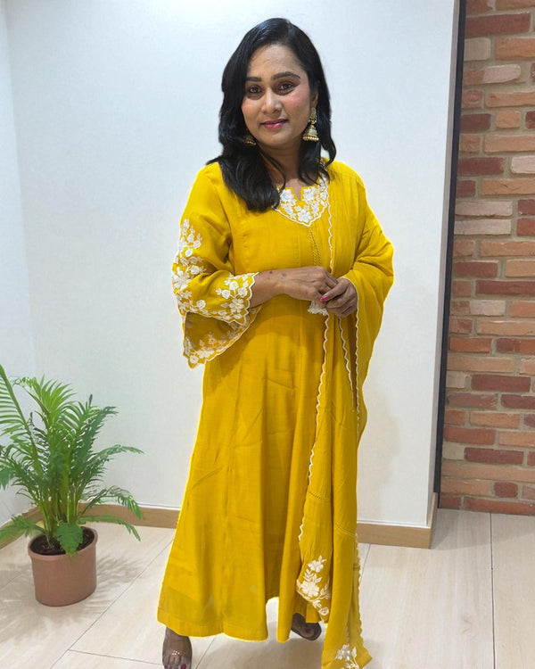 Yellow Nita Mulchanderi Anarkali suit - Set of 3