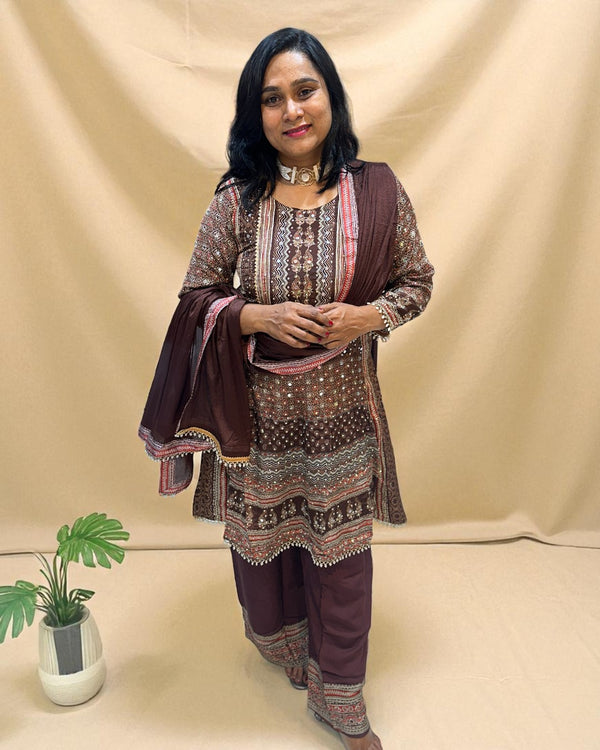 Brown Miral Crepe Short Anarkali -Set of 3
