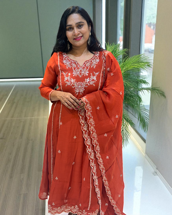 Rust Orange Misri Mul chandri Anarkali - set of 3