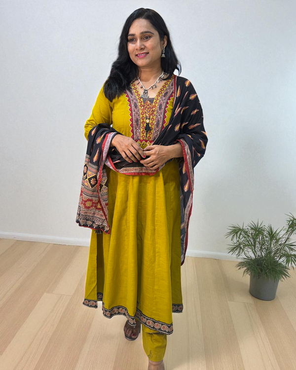 Mustard Green Aza Cotton Anarkali - Set of 3