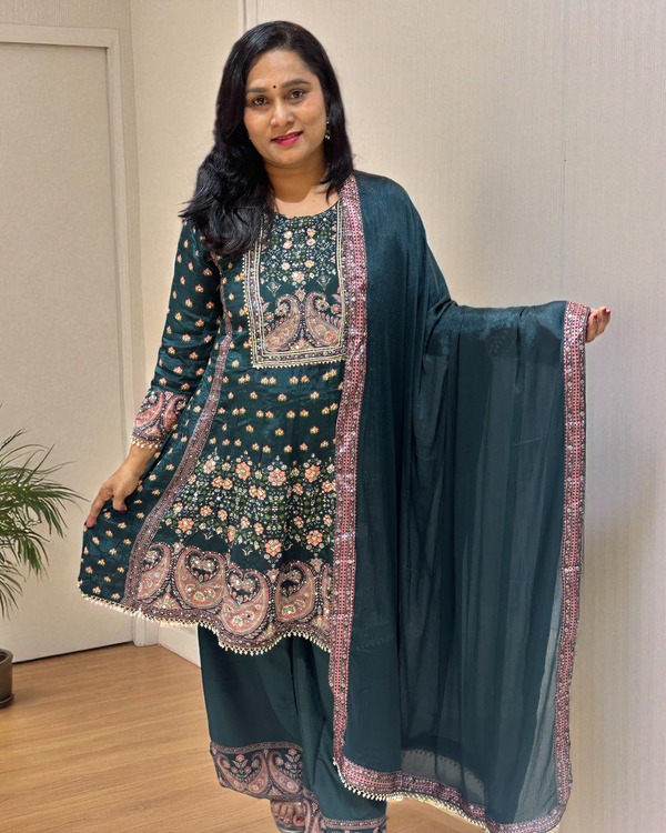 Green Miral Crepe Short Anarkali -Set of 3