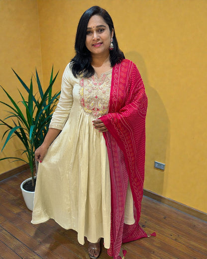 Beige Crushed Tissue Anarkali suit - Set of 3