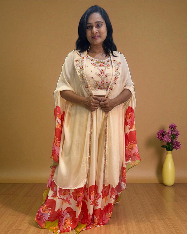 Peach Ishani Chinon silk Indowestern set