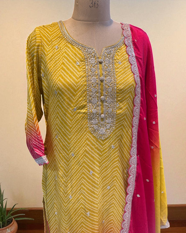 Yellow Red Ombre Kalyani Russian Silk suit set