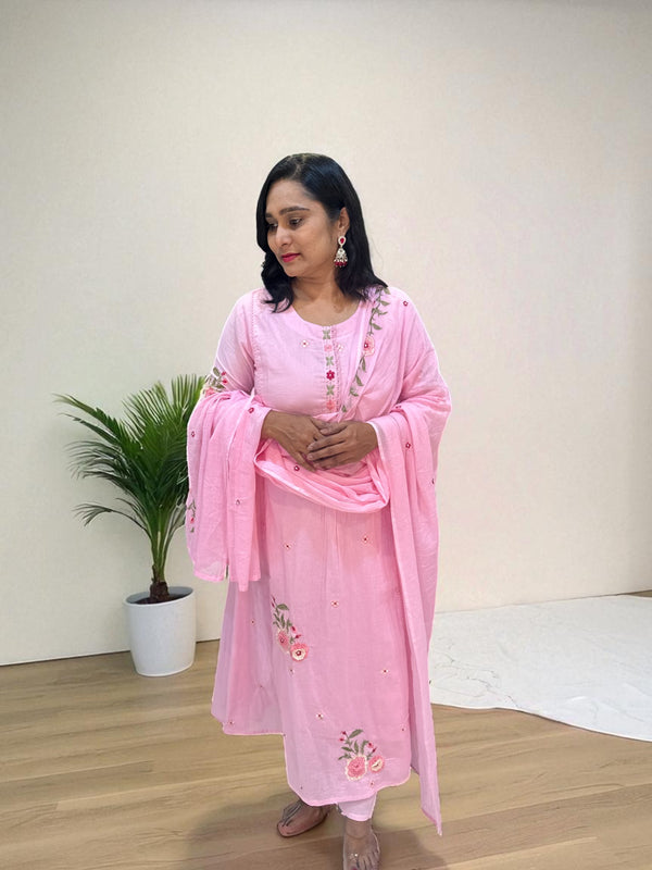 Baby Pink Mira Mul cotton A line suit set