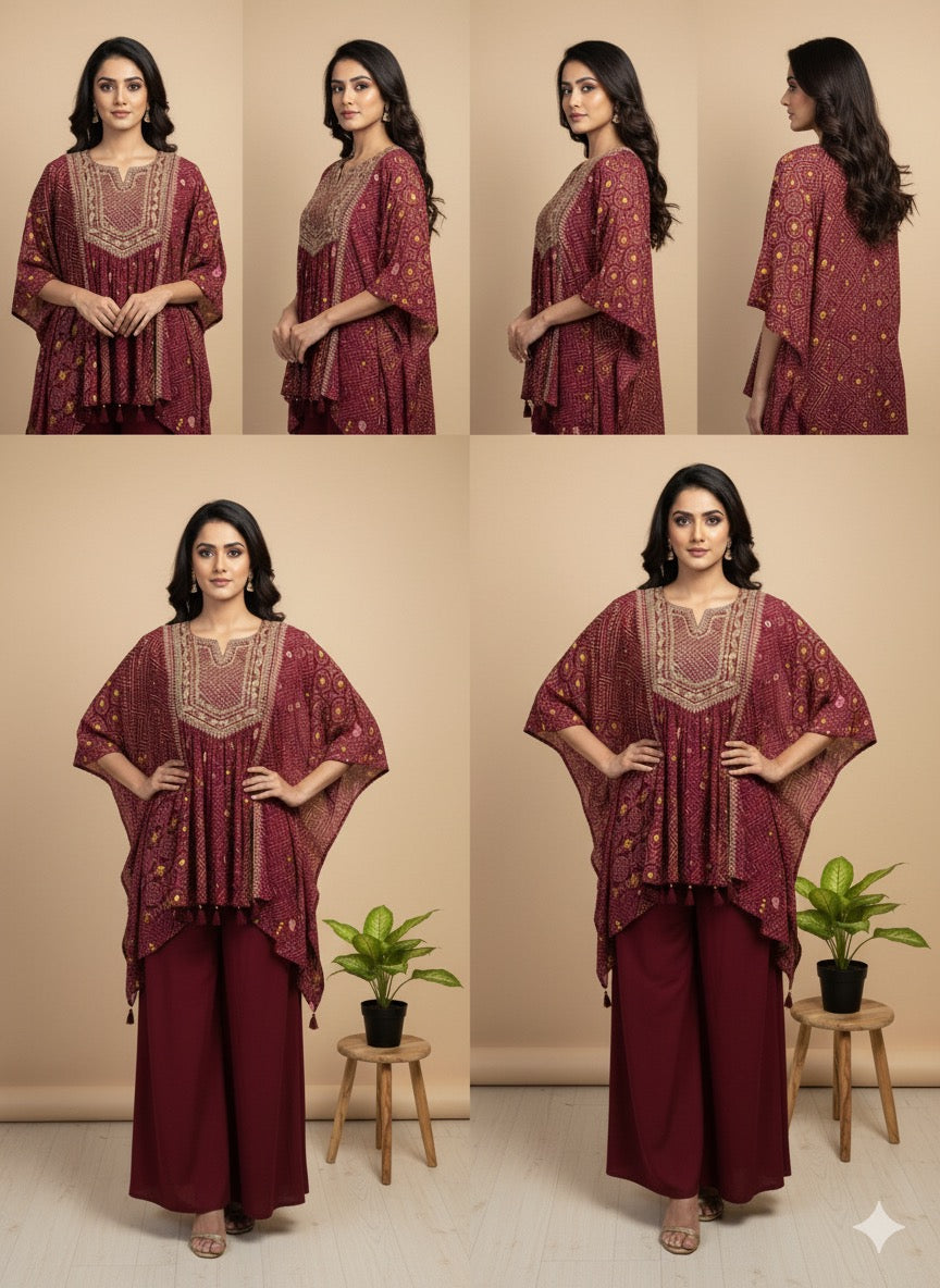 Wine Misha crepe silk Kaftan Set - Set of 2