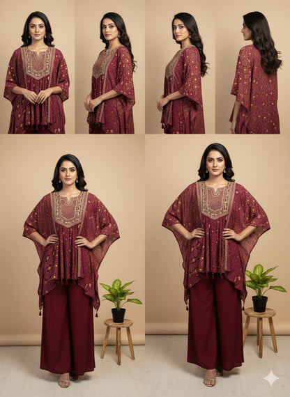 Wine Misha crepe silk Kaftan Set - Set of 2