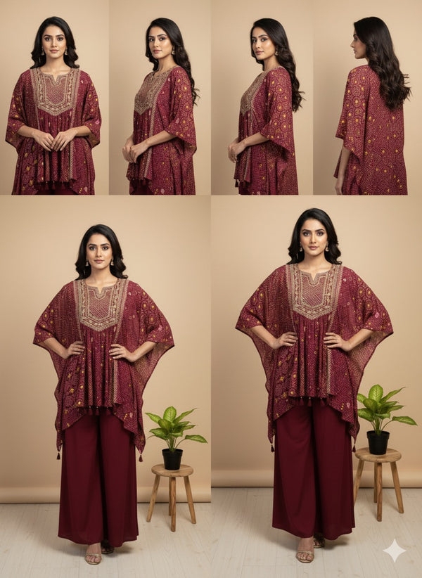 Wine Misha crepe silk Kaftan Set - Set of 2