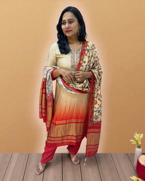 Beige Dhara Ombre Silk Hand embroidered Suit set
