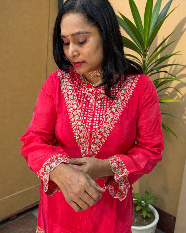 Tomato Red Mouni Crepe Silk Short suit set - set of 3