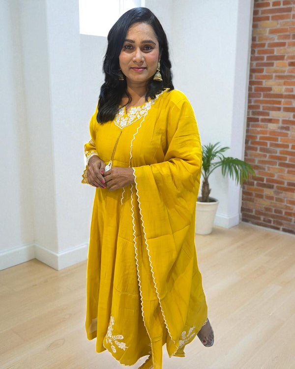 Yellow Nita Mulchanderi Anarkali suit - Set of 3