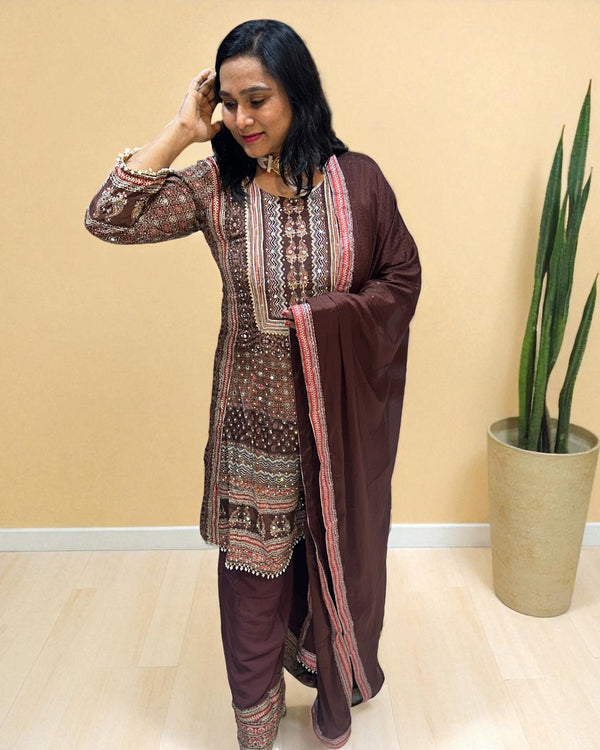 Brown Miral Crepe Short Anarkali -Set of 3