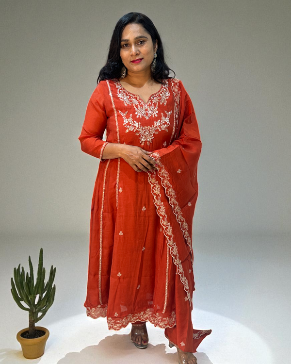 Rust Orange Misri Mul chandri Anarkali - set of 3
