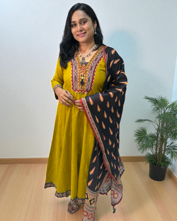 Mustard Green Aza Cotton Anarkali - Set of 3