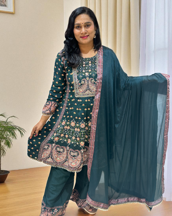 Green Miral Crepe Short Anarkali -Set of 3