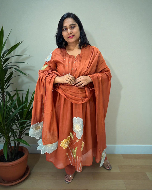 Rust orange Mahi Mul Chanderi A line Suit set - Set of 3