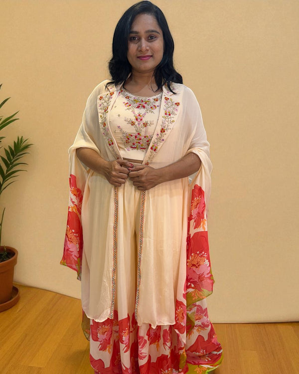 Peach Ishani Chinon silk Indowestern set