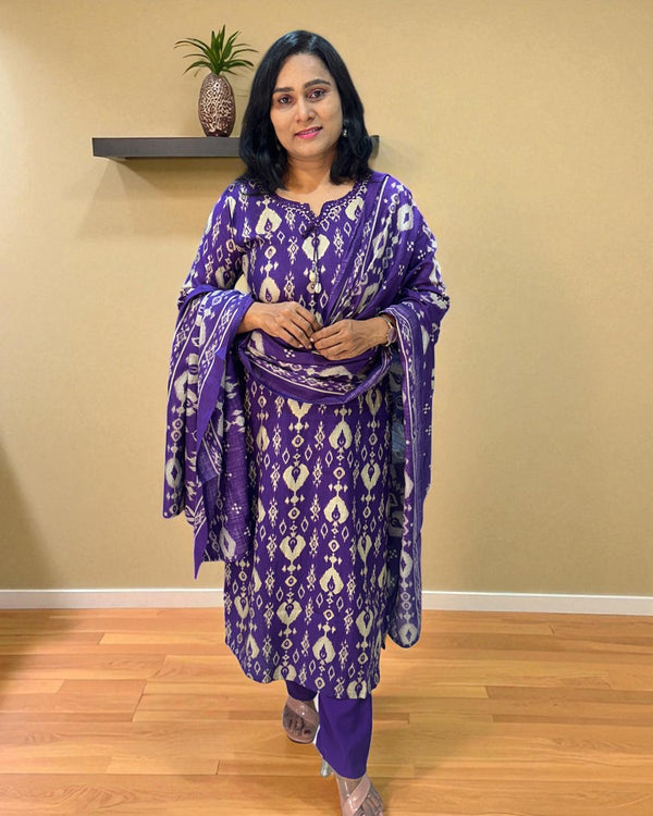 Purple Nirupa Ikkat Silk cotton Suit set