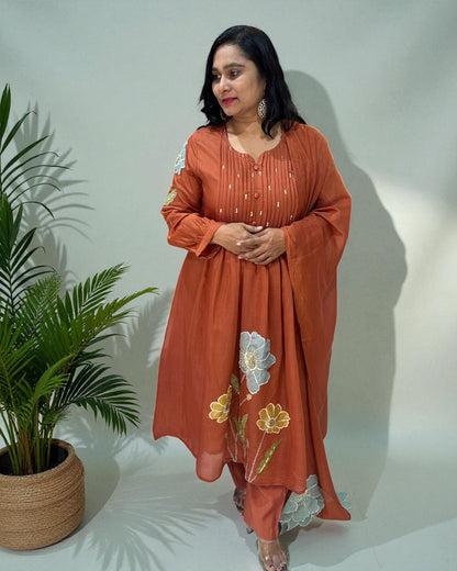 Rust orange Mahi Mul Chanderi A line Suit set - Set of 3