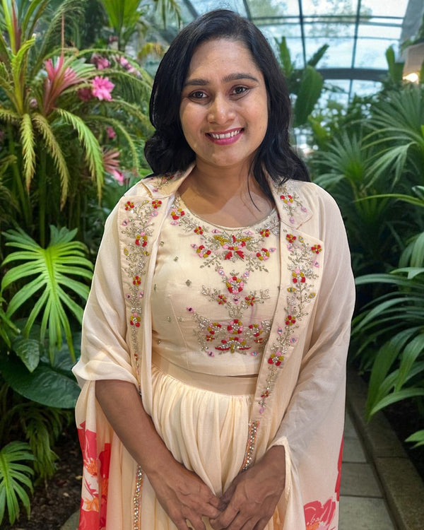 Peach Ishani Chinon silk Indowestern set