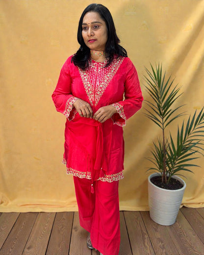 Tomato Red Mouni Crepe Silk Short suit set - set of 3
