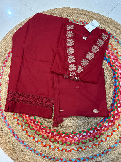Rust Red Chanda Cotton suit set - Set of 3