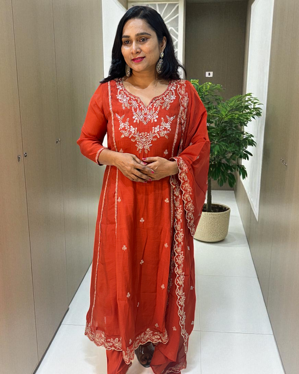 Rust Orange Misri Mul chandri Anarkali - set of 3