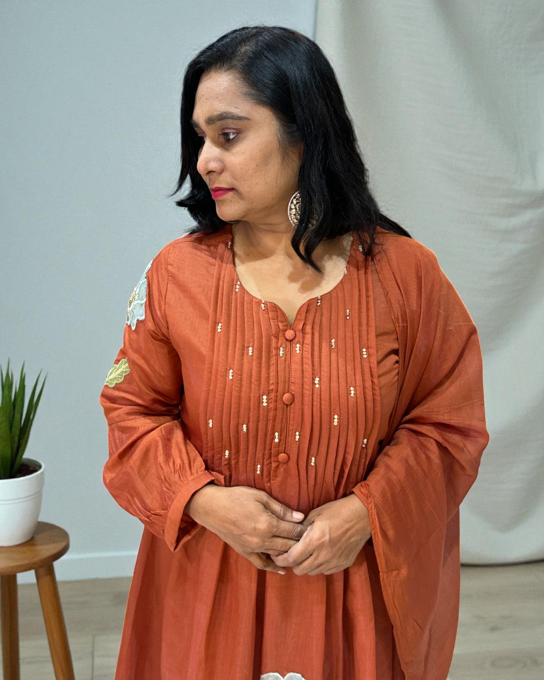 Rust orange Mahi Mul Chanderi A line Suit set - Set of 3