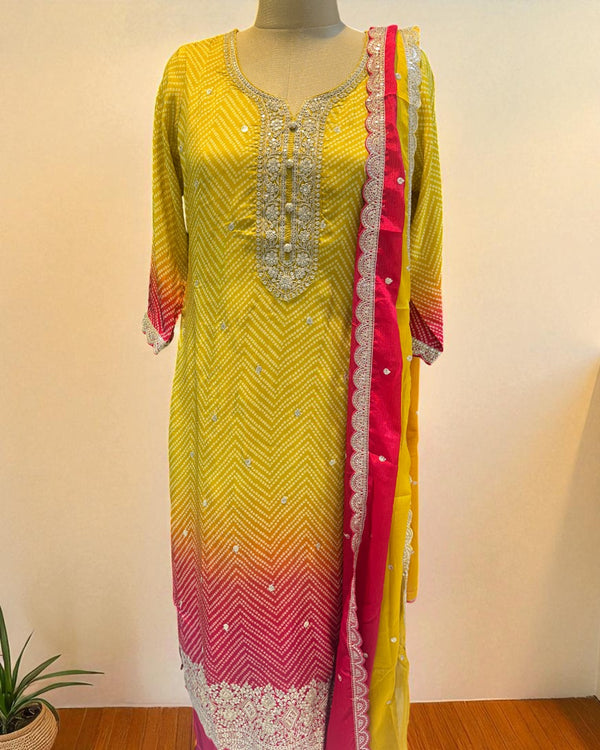Yellow Red Ombre Kalyani Russian Silk suit set