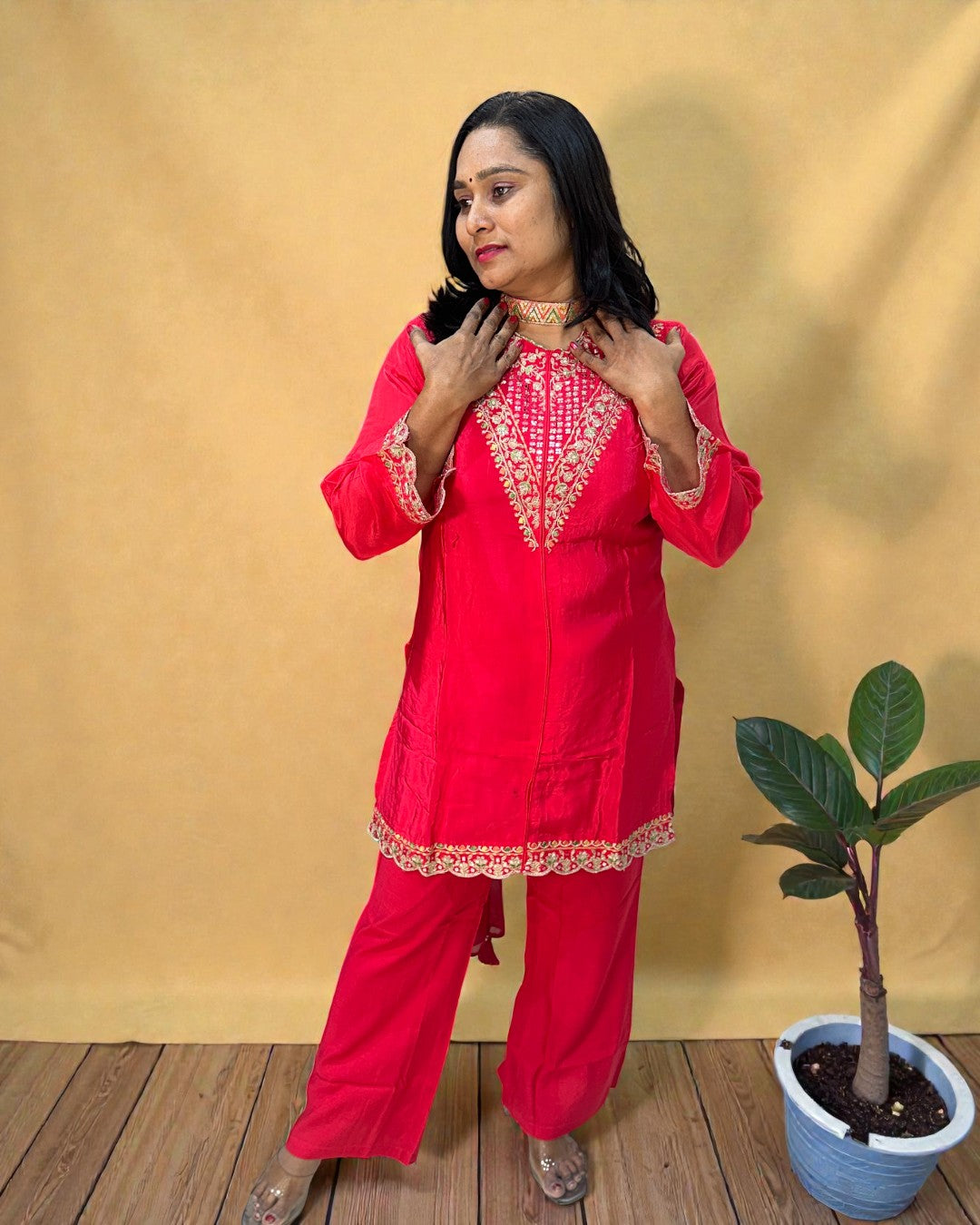Tomato Red Mouni Crepe Silk Short suit set - set of 3