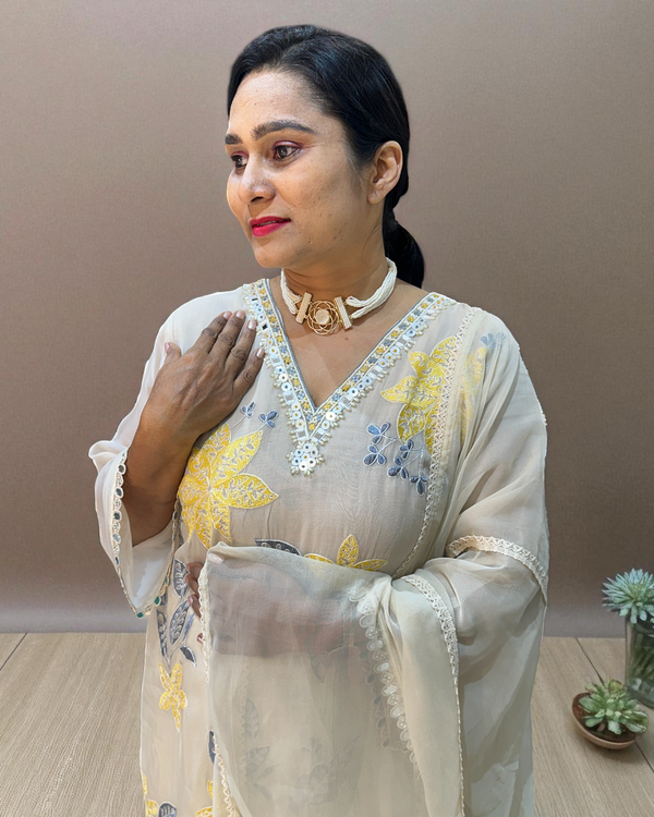 Off white Yellow Mehreen Organza A line suit - set of 3
