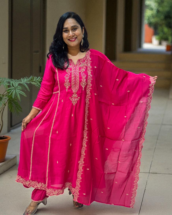 Pink Misri Mul chandri Anarkali - set of 3