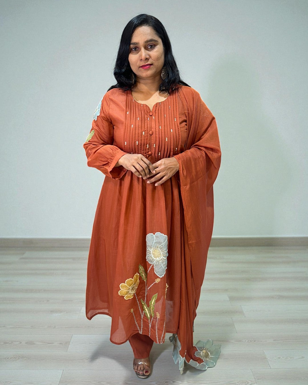 Rust orange Mahi Mul Chanderi A line Suit set - Set of 3