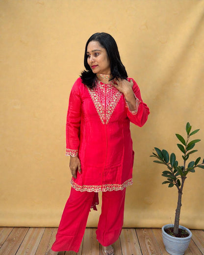 Tomato Red Mouni Crepe Silk Short suit set - set of 3