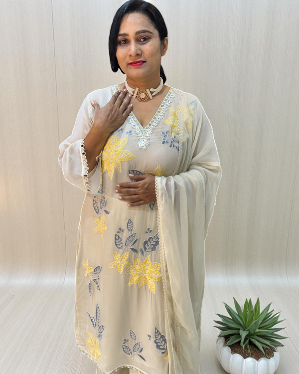 Off white Yellow Mehreen Organza A line suit - set of 3